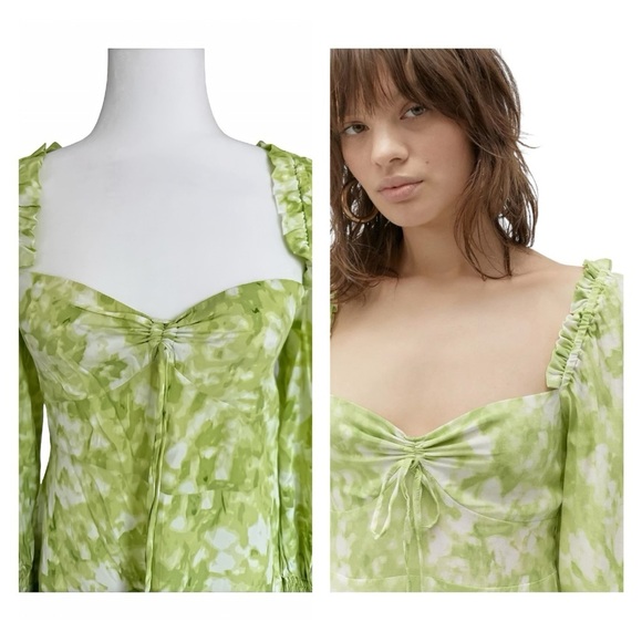 Faithfull The Brand Arianne Green Print Mini Dress Sz 4 Puff Sleeve Smocked Boho - Picture 3 of 12
